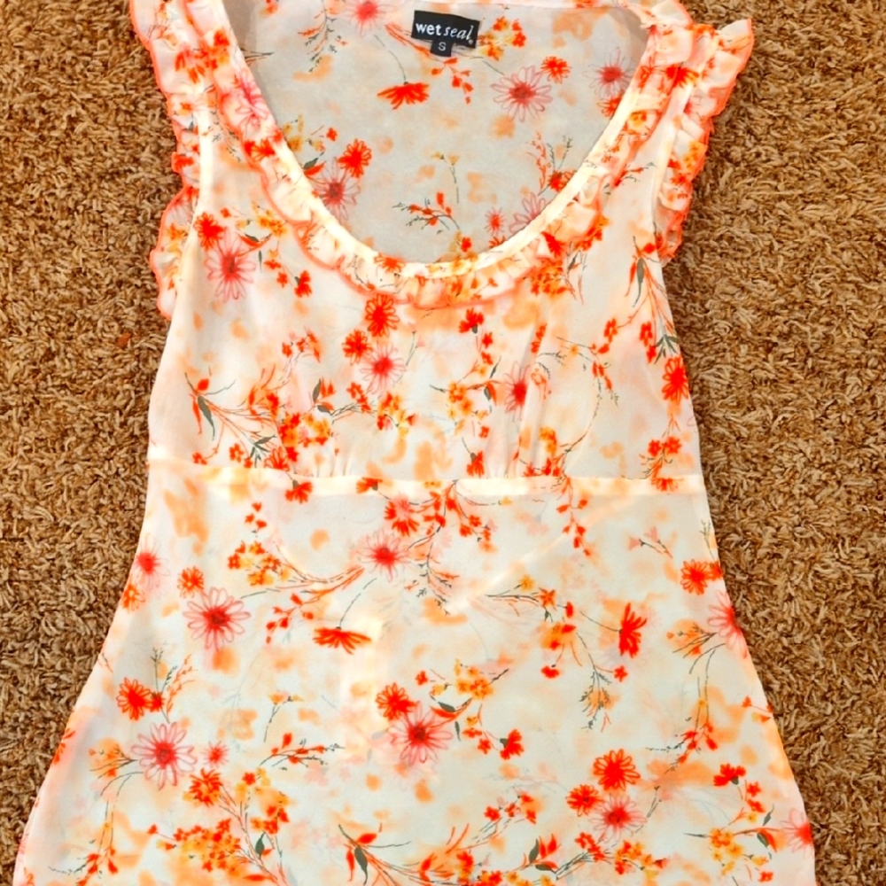 Wet Seal Floral Ruffle Top - Orange and Cream